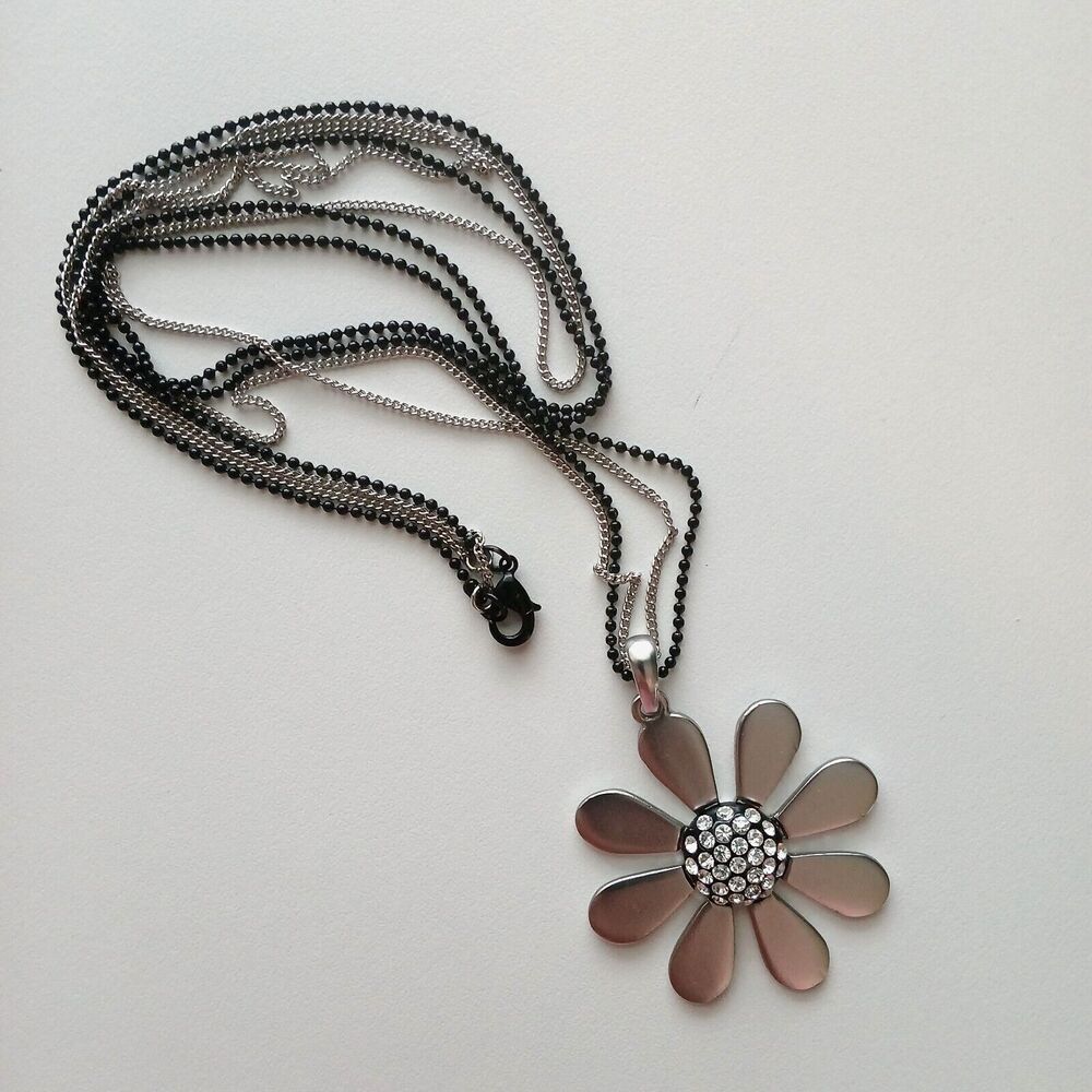 Daisy Silver Necklace Rhinestone Black & Silver Chain 17.5 inch long chain